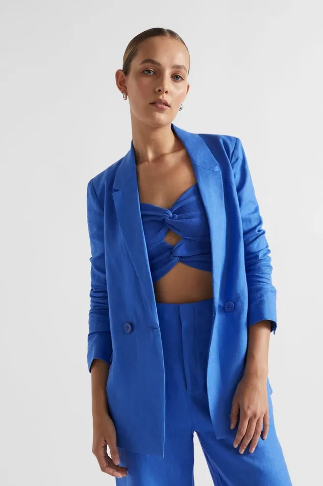 Jackets and Vests Woman Seed Heritage Linen Double Breasted Blazer Deep Ocean