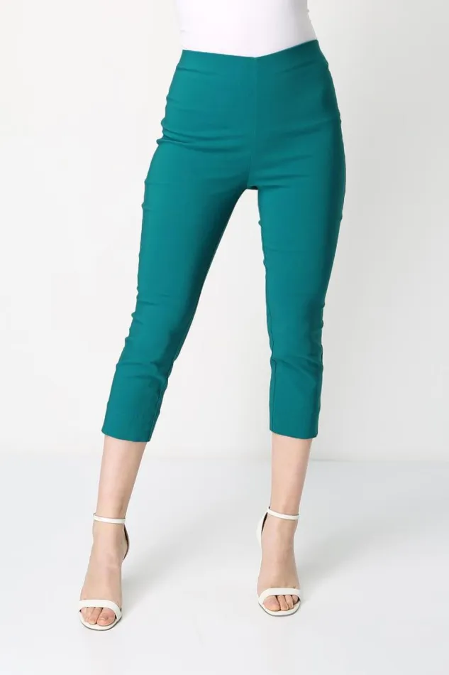 Jade Green Elastic Waist Stretch Cropped Trousers Women Roman Trousers