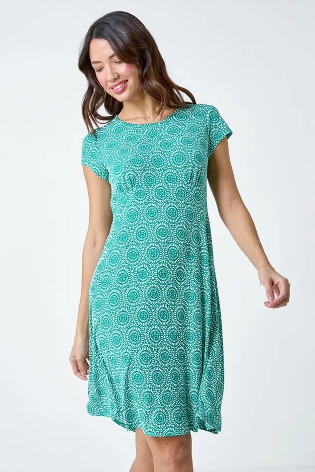 Jade Mosaic Puff Print Gathered Dress Women Roman Dresses