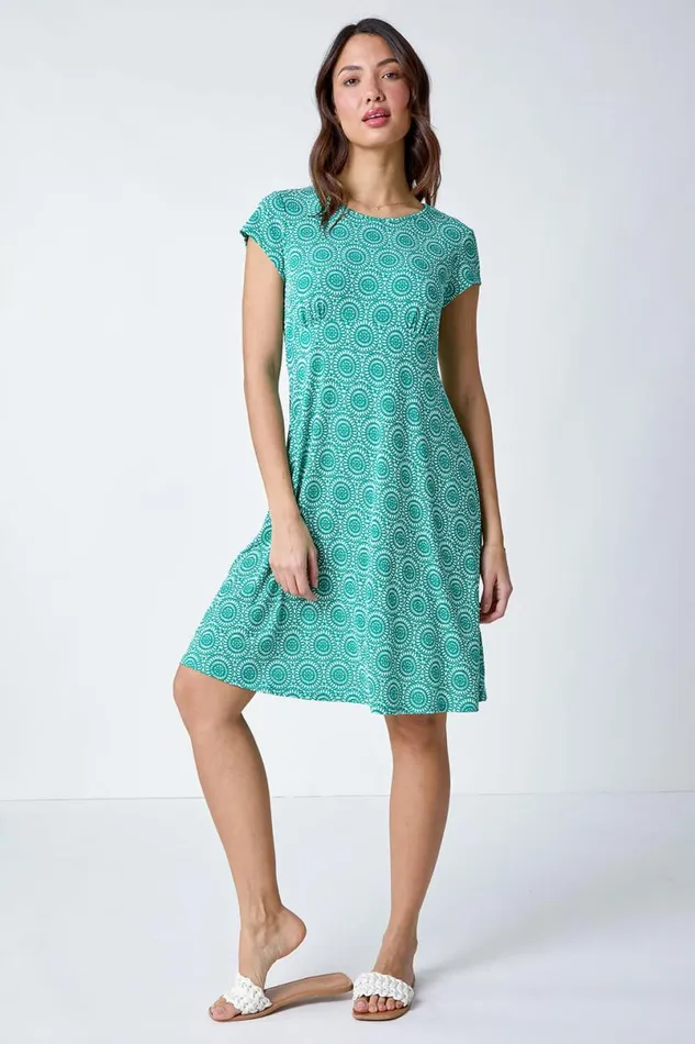 Jade Mosaic Puff Print Gathered Dress Women Roman Dresses