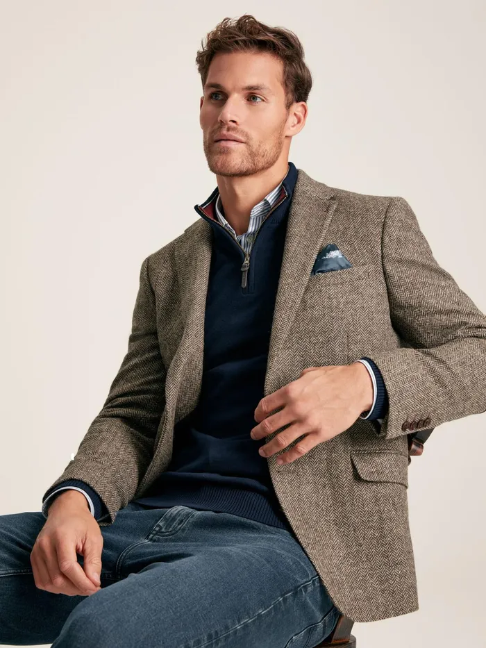 Joules Coats and Jackets Taupe Brown Wool Herringbone Blazer 8211 Men