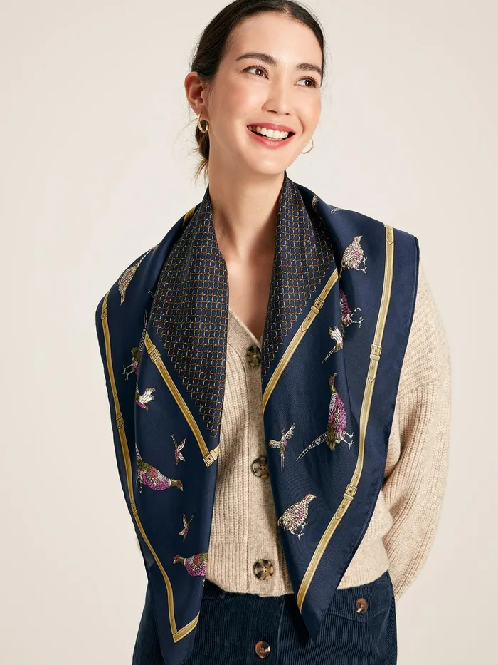 Joules Scarves Navy Pheasant Printed Silk Square Scarf 8211 Women