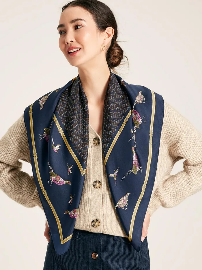 Joules Scarves Navy Pheasant Printed Silk Square Scarf 8211 Women