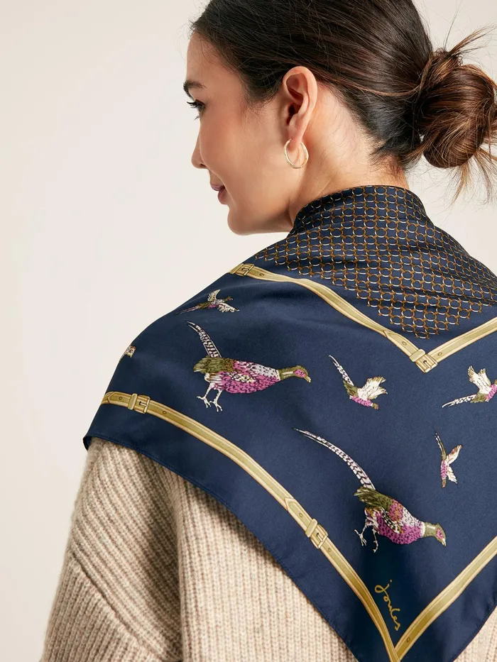 Joules Scarves Navy Pheasant Printed Silk Square Scarf 8211 Women