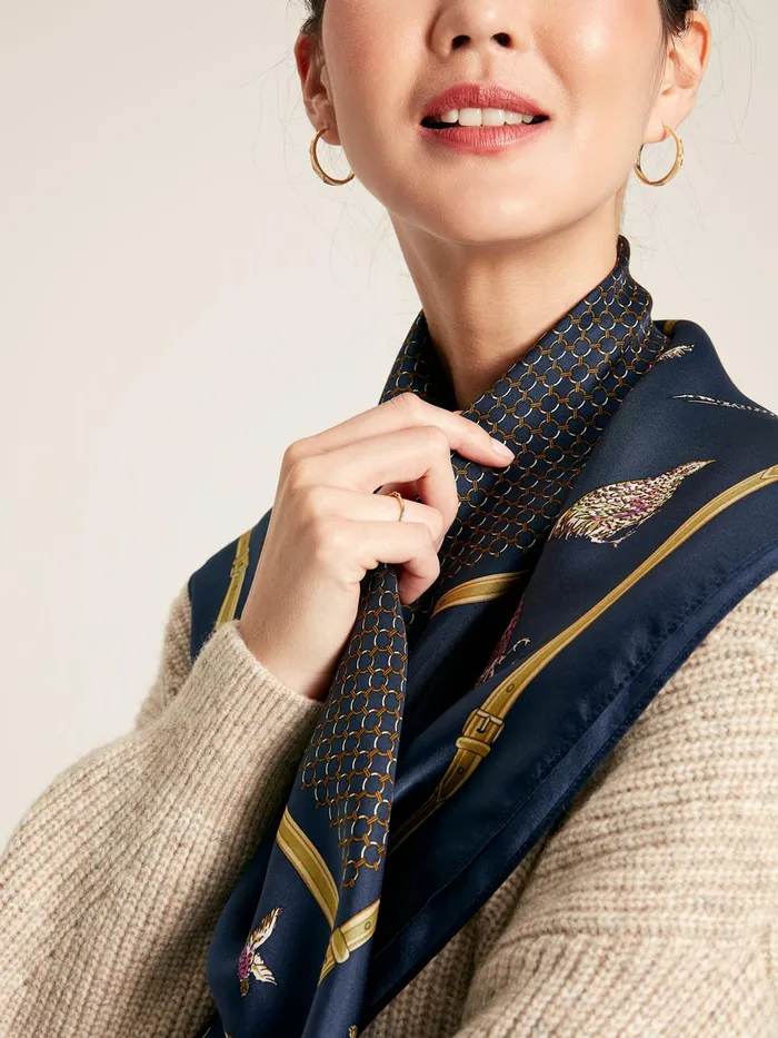 Joules Scarves Navy Pheasant Printed Silk Square Scarf 8211 Women