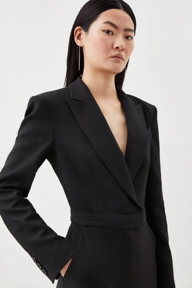 Jumpsuits Women Karen Millen Compact Stretch Tailored Long Sleeve Wide Leg Jumpsuit Black