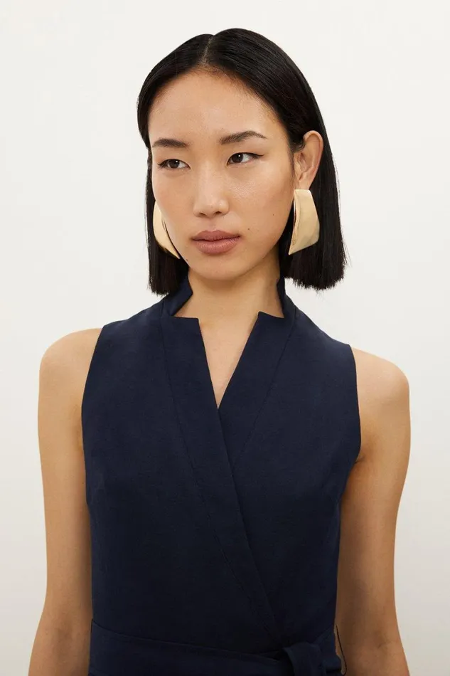 Jumpsuits Women Karen Millen Petite Premium Tailored Linen Notch Neck Belted Straight Leg Jumpsuit Navy