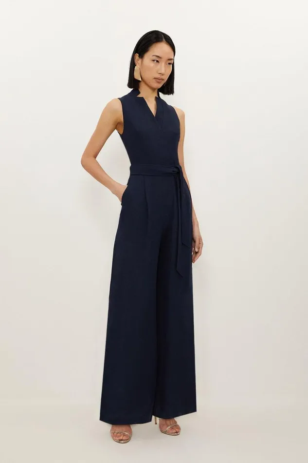 Jumpsuits Women Karen Millen Petite Premium Tailored Linen Notch Neck Belted Straight Leg Jumpsuit Navy