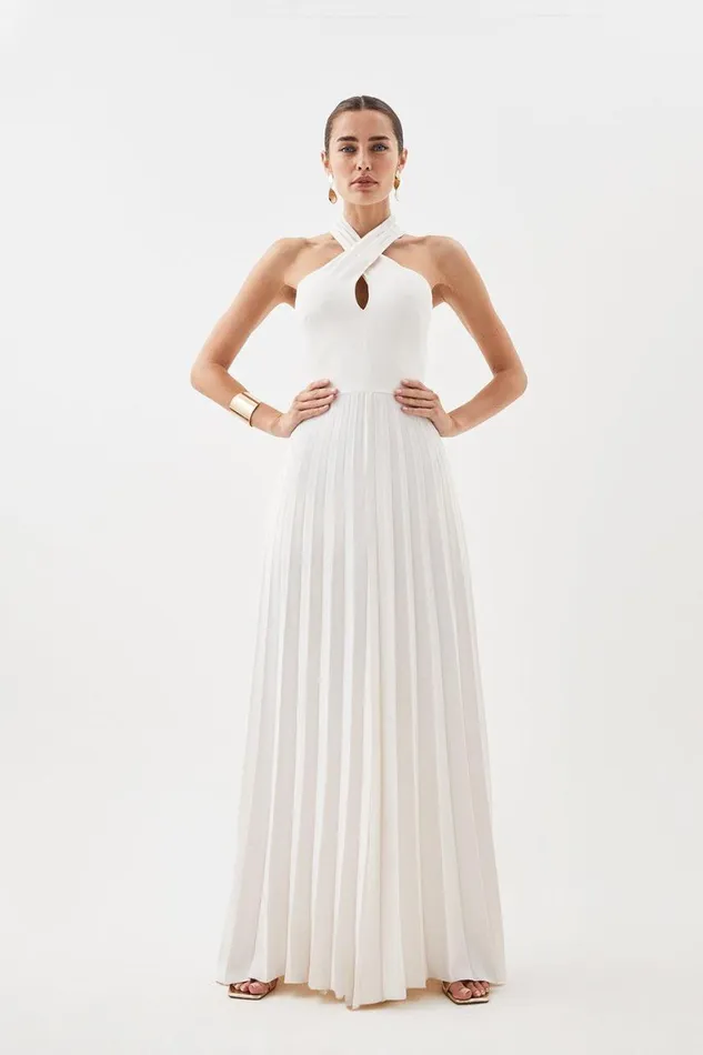Jumpsuits Women Karen Millen Soft Tailored Full Pleated Halter Neck Jumpsuit Ivory