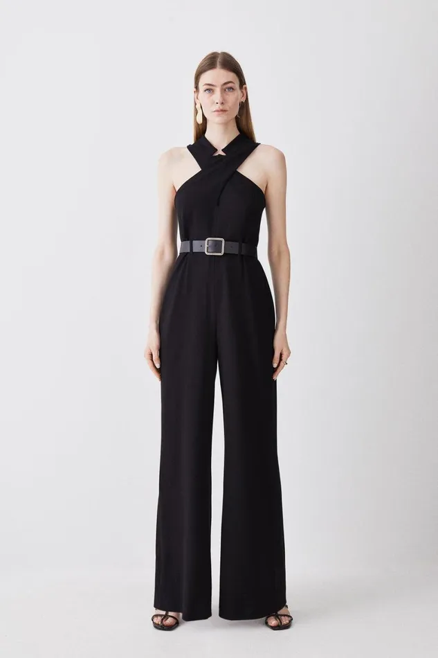 Jumpsuits Women Karen Millen Structured Crepe Halter Neck Belted Wide Leg Jumpsuit Black Jumpsuits Women Karen Millen Structured Crepe Halter Neck Belted Wide Leg Jumpsuit Black