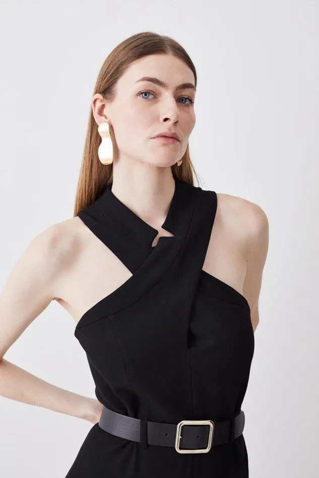 Jumpsuits Women Karen Millen Structured Crepe Halter Neck Belted Wide Leg Jumpsuit Black