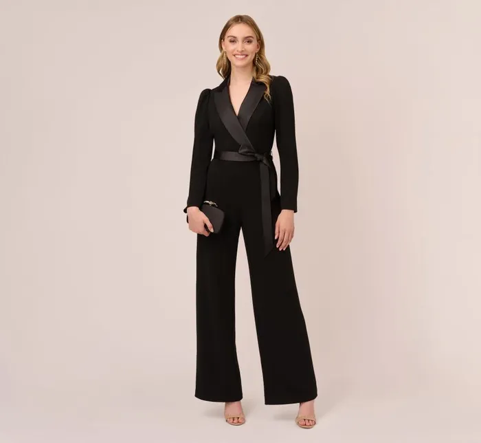 Jumpsuits Womens Adrianna Papell Knit Crepe Tuxedo Jumpsuit In Black