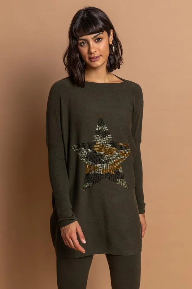 Khaki Camo Embellished Star Jumper Women Roman Tops