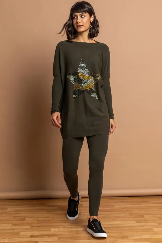 Khaki Camo Embellished Star Jumper Women Roman Tops