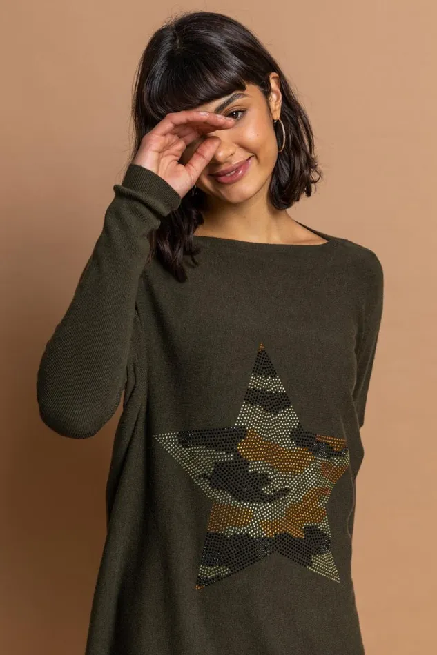 Khaki Camo Embellished Star Jumper Women Roman Tops