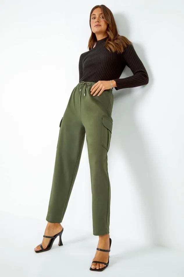 Khaki Cargo Tie Waist Stretch Jogger Women Roman Trousers