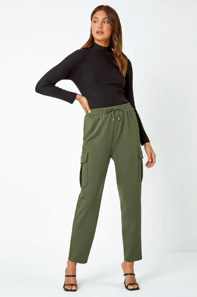 Khaki Cargo Tie Waist Stretch Jogger Women Roman Trousers