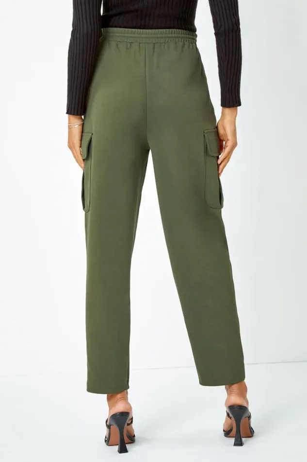 Khaki Cargo Tie Waist Stretch Jogger Women Roman Trousers