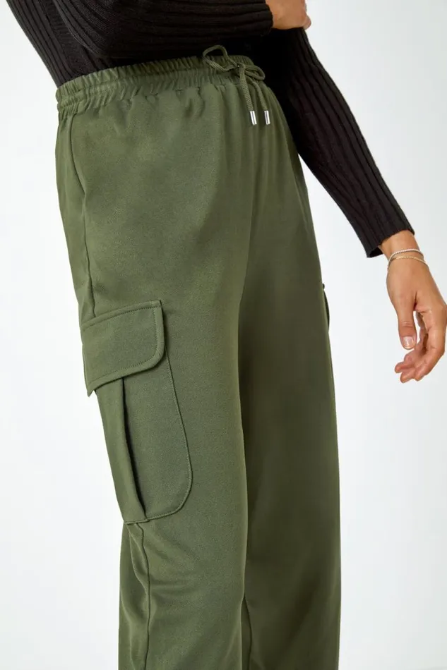 Khaki Cargo Tie Waist Stretch Jogger Women Roman Trousers