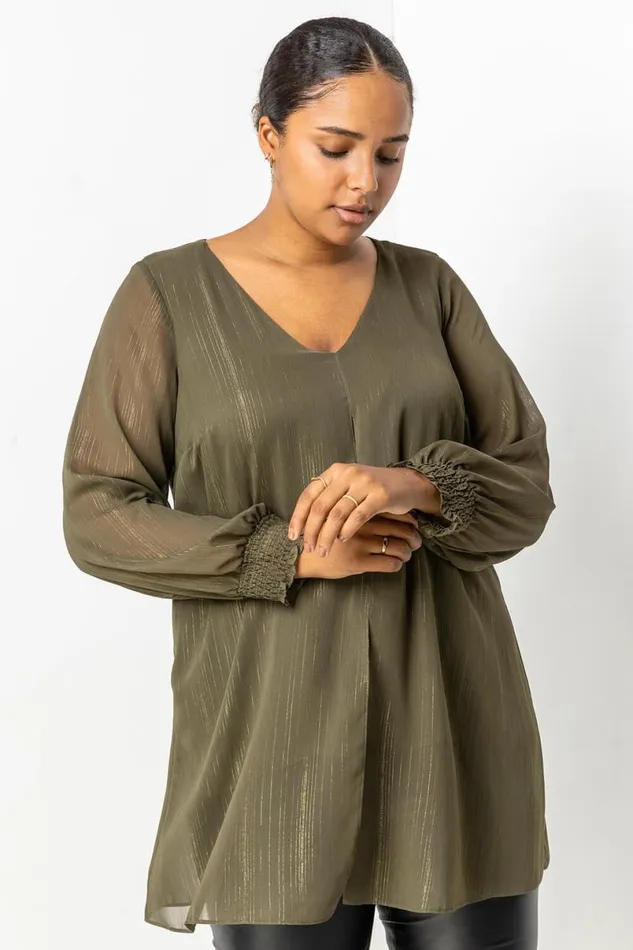 Khaki Curve Chiffon Shimmer Split Front Tunic Top Women Roman Tops