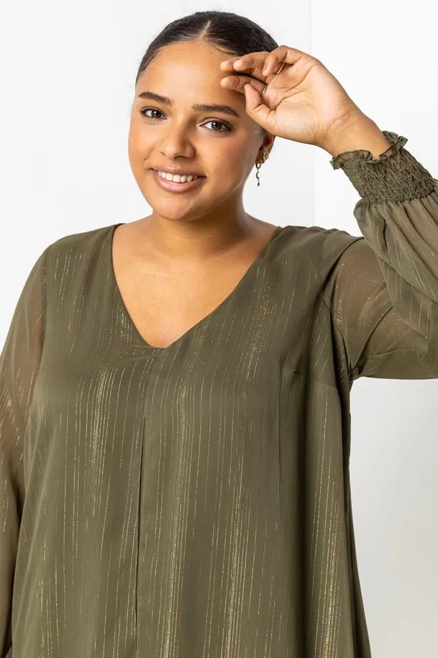 Khaki Curve Chiffon Shimmer Split Front Tunic Top Women Roman Tops