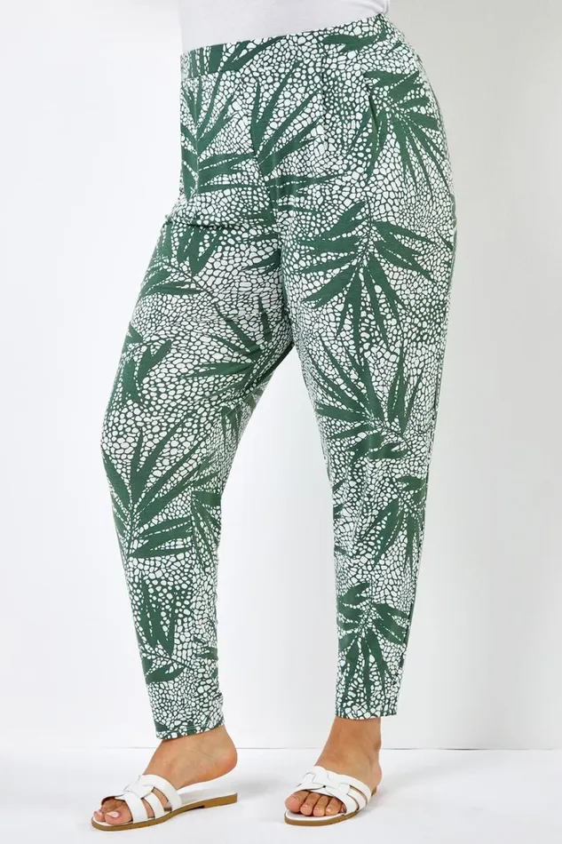 Khaki Curve Leaf Elastic Waist Jersey Tapered Trouser Women Roman Trousers
