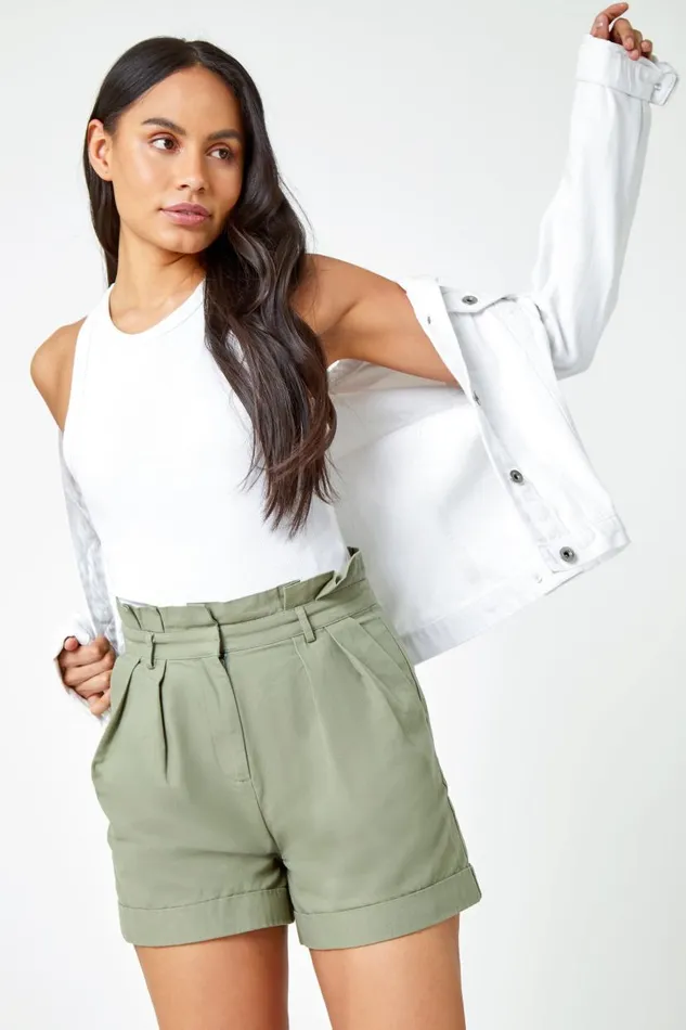 Khaki Paperbag Waist Linen Shorts Women Roman Shorts
