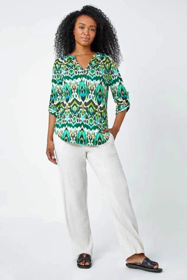 Khaki Petite Aztec Stretch Button Detail Shirt Women Roman Tops
