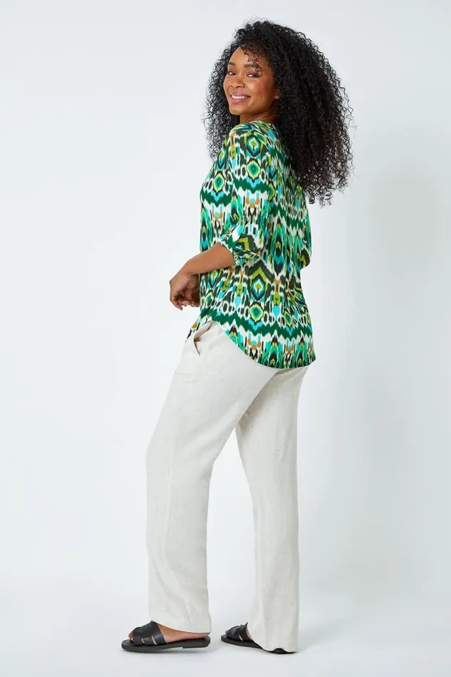 Khaki Petite Aztec Stretch Button Detail Shirt Women Roman Tops