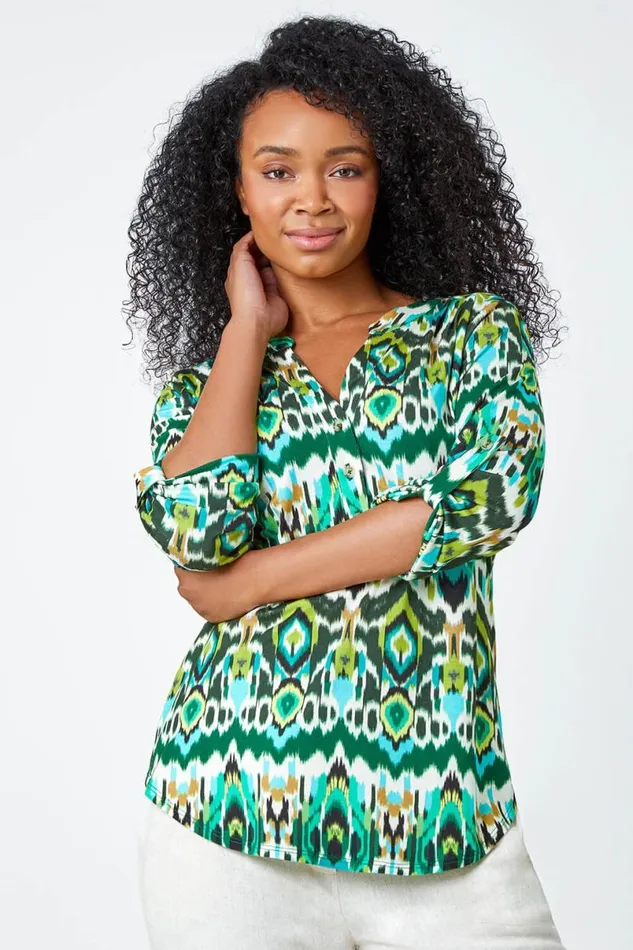 Khaki Petite Aztec Stretch Button Detail Shirt Women Roman Tops