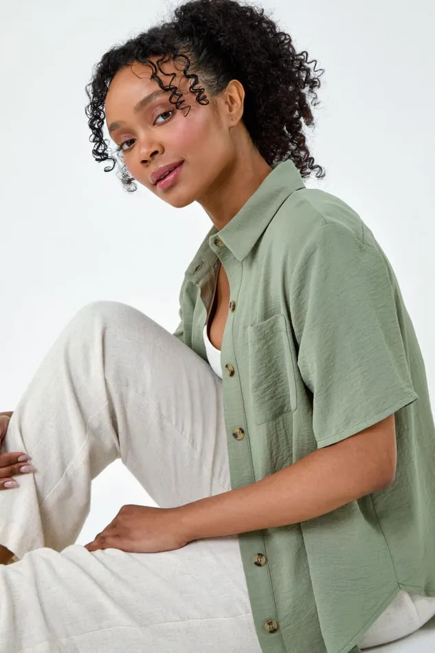 Khaki Petite Button Up Pocket Shirt Women Roman Tops
