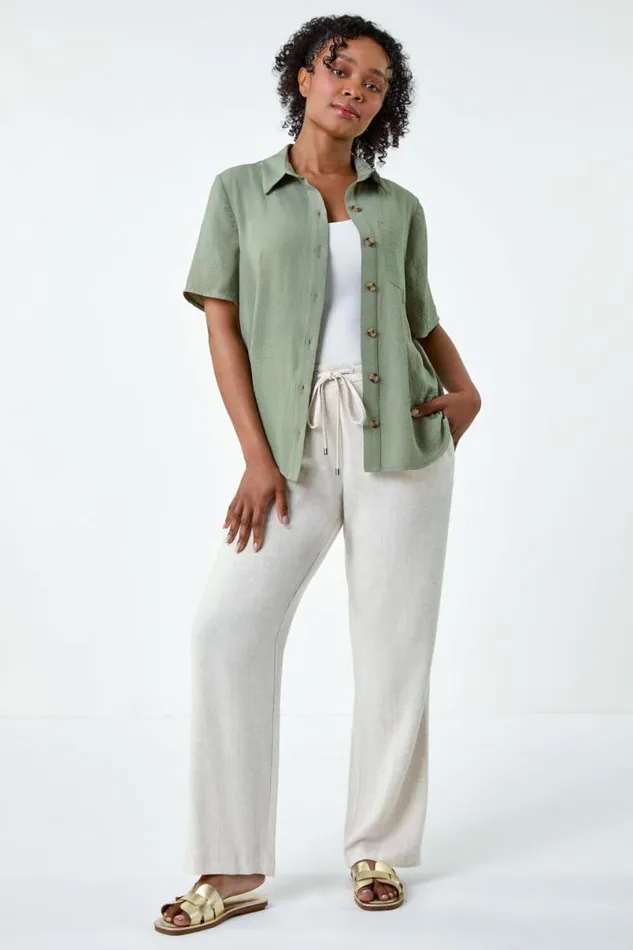 Khaki Petite Button Up Pocket Shirt Women Roman Tops