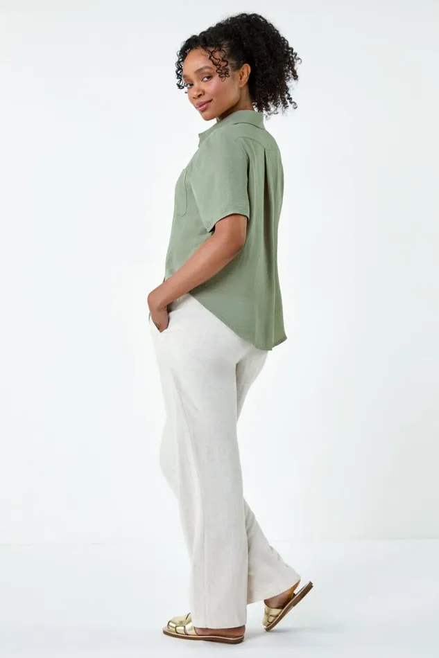 Khaki Petite Button Up Pocket Shirt Women Roman Tops
