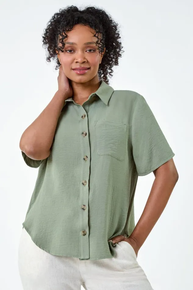 Khaki Petite Button Up Pocket Shirt Women Roman Tops