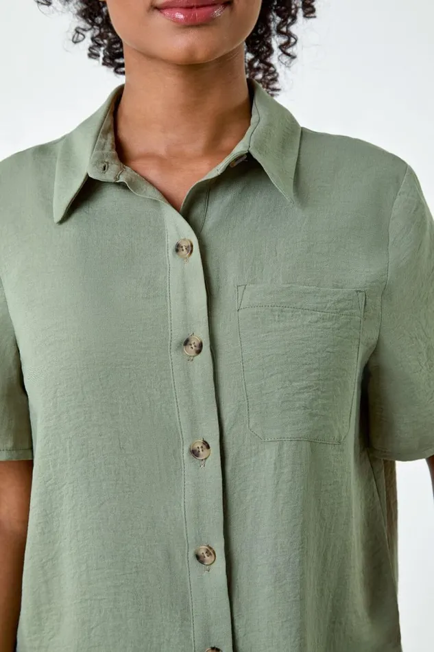 Khaki Petite Button Up Pocket Shirt Women Roman Tops