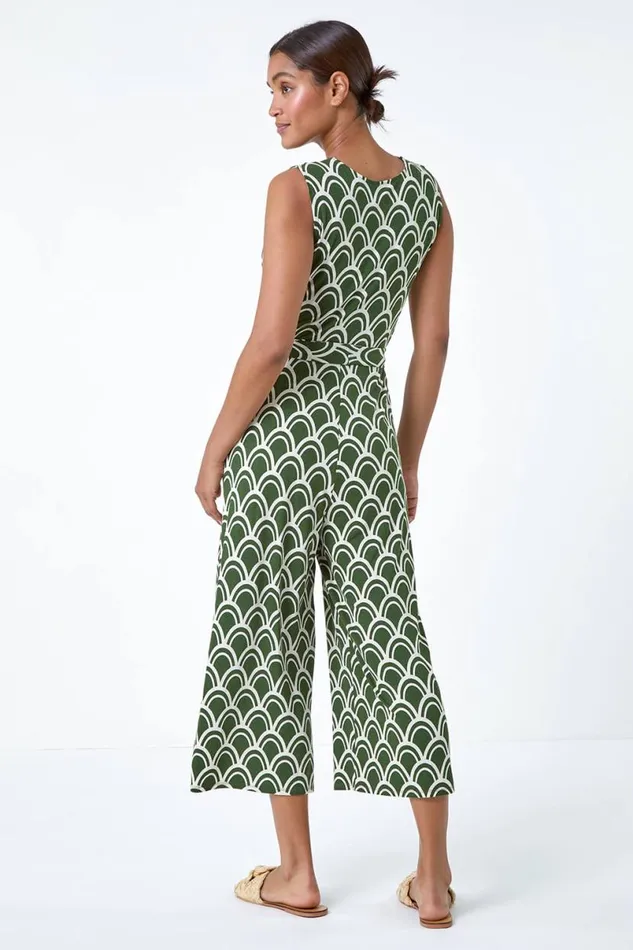 Khaki Sleeveless Shell Print Stretch Jumpsuit Women Roman Dresses