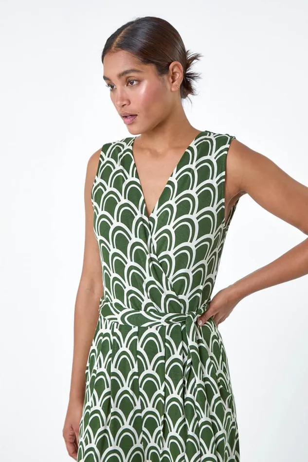 Khaki Sleeveless Shell Print Stretch Jumpsuit Women Roman Dresses