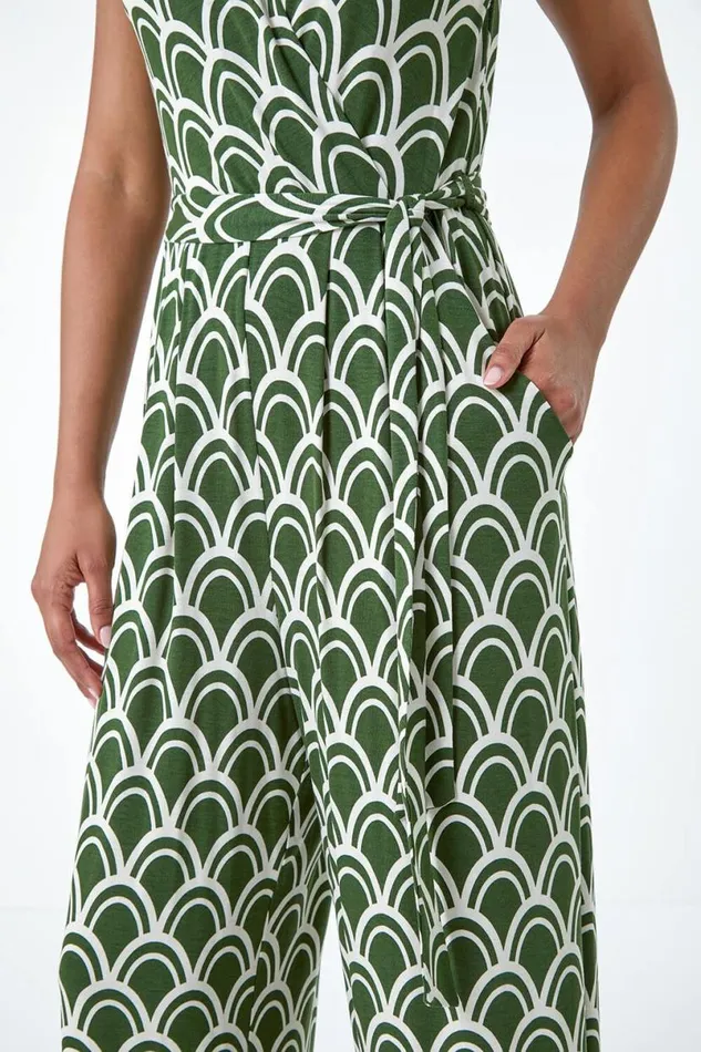 Khaki Sleeveless Shell Print Stretch Jumpsuit Women Roman Dresses