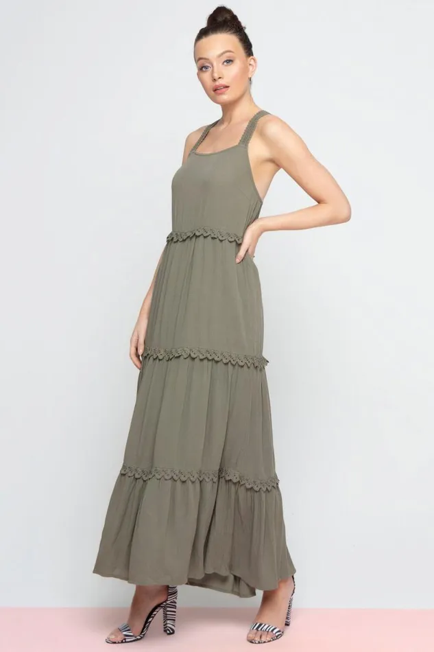 Khaki Tiered Lace Trim Maxi Dress Women Roman Dresses