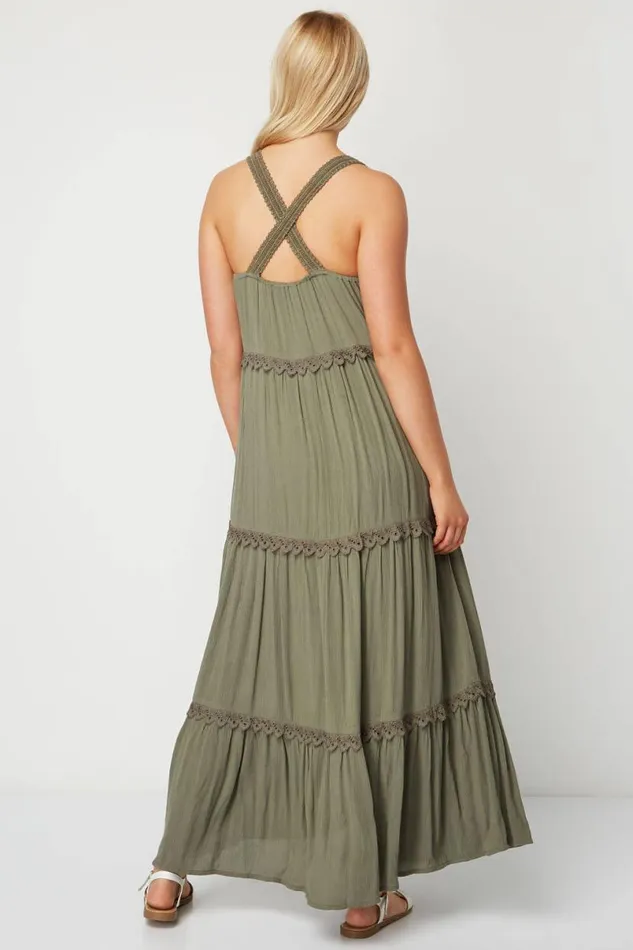 Khaki Tiered Lace Trim Maxi Dress Women Roman Dresses