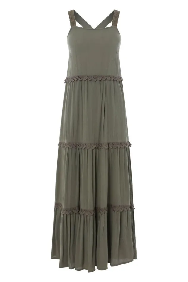 Khaki Tiered Lace Trim Maxi Dress Women Roman Dresses