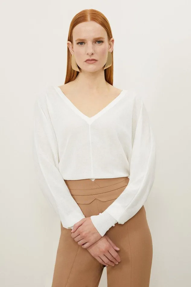 Knitwear Women Karen Millen Lightweight Knitted V Neck Long Sleeve Jumper White