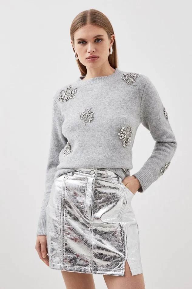 Knitwear Women Karen Millen Wool Blend Embellished Cosy Knit Jumper Grey Marl