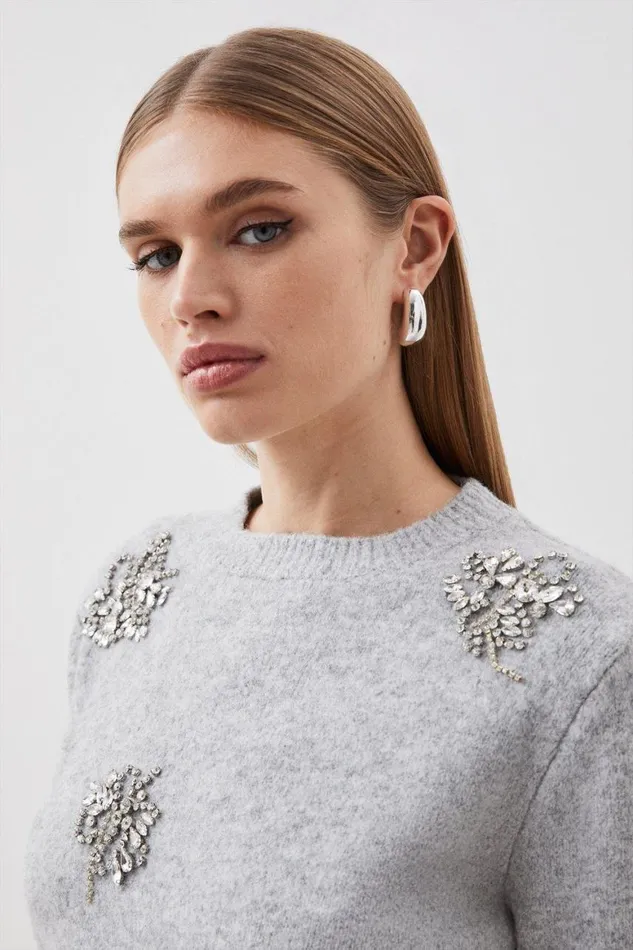 Knitwear Women Karen Millen Wool Blend Embellished Cosy Knit Jumper Grey Marl