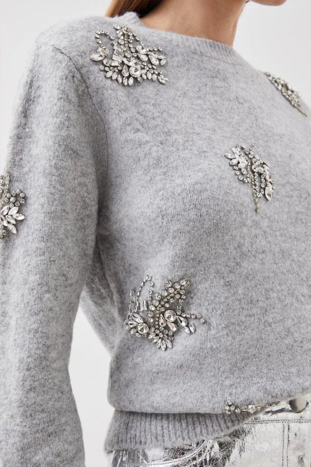 Knitwear Women Karen Millen Wool Blend Embellished Cosy Knit Jumper Grey Marl