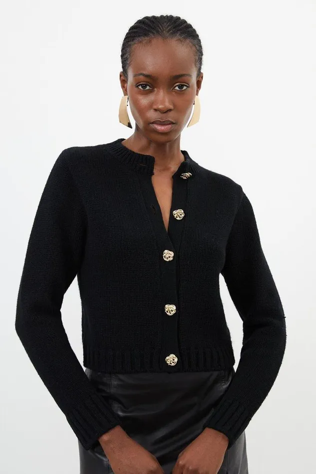 Knitwear Women Karen Millen Wool Blend Gold Button Trim Cardi Black