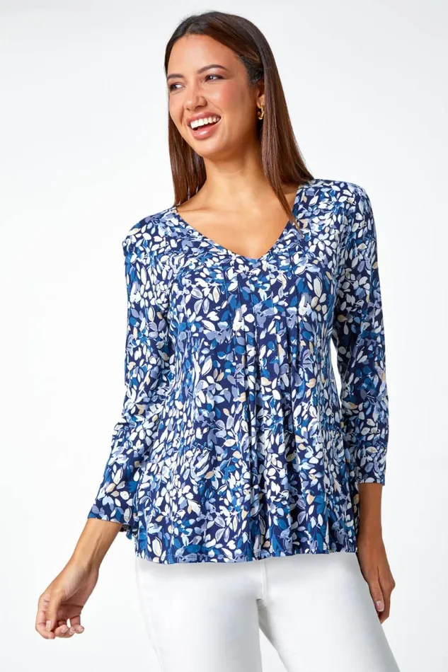 Leaf Print VNeck Pintuck Tunic Swing Top Women Roman Tops