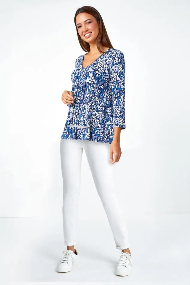 Leaf Print VNeck Pintuck Tunic Swing Top Women Roman Tops