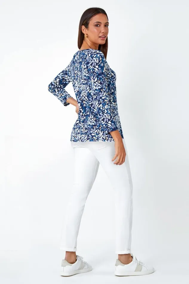 Leaf Print VNeck Pintuck Tunic Swing Top Women Roman Tops