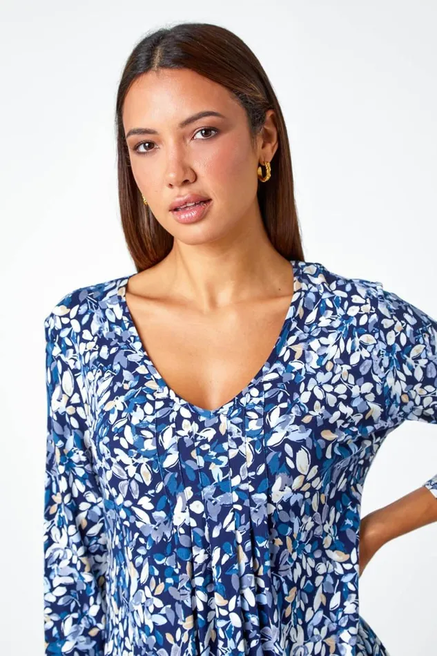 Leaf Print VNeck Pintuck Tunic Swing Top Women Roman Tops